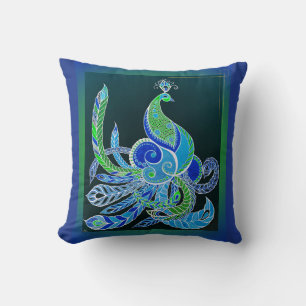Jade Majesty Elegante Groene en blauwe pauw Kussen