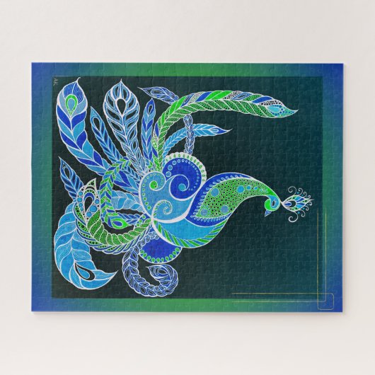 Jade Majesty Elegante Groene en blauwe pauw Legpuzzel (Horizontaal)