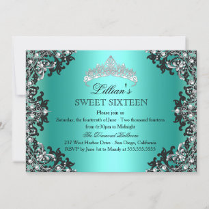 Jade Silver Black Damask Tiara Sweet 16 Invitation