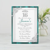 Jade Silver Diamond Damask & Tiara Sweet 16 Invite Kaart (Staand voorkant)