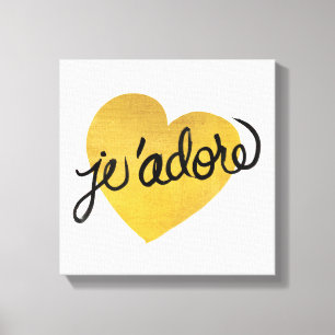 J'adore Quote   Zwart-gouden hart Canvas Afdruk