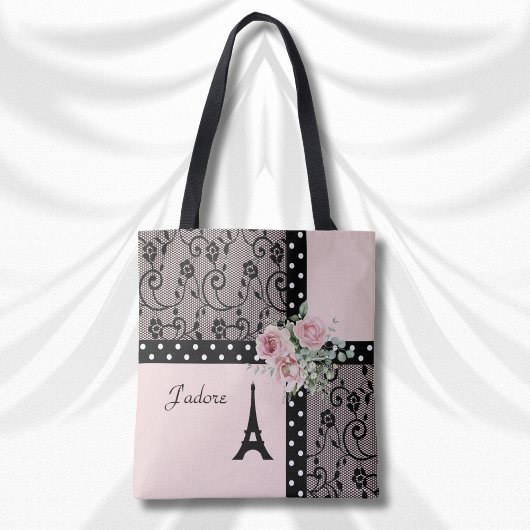 J'adore Sac fourre-tout rose et noir Paris chic
