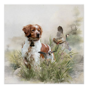 Jagen met een Bretonse hond, Art Perfect Poster