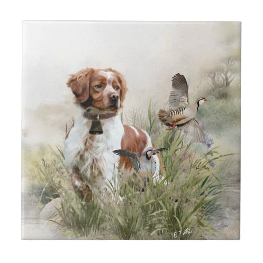 Jagen met een Bretonse hond, Art Tegeltje (Voorkant)