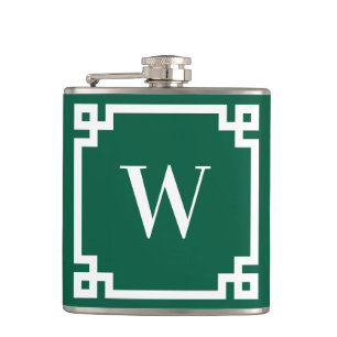Jager groen en witte Griekse sleutelrand monogram Heupfles