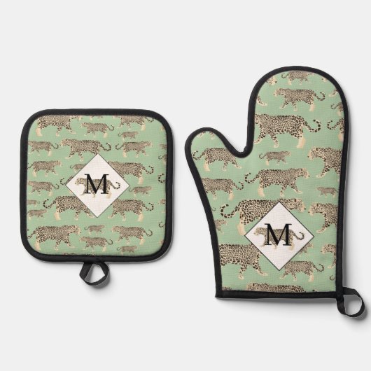 Jaguar Animal Pattern Initiaal Monogram Ovenwant & Pannenlap Set (Voorkant)
