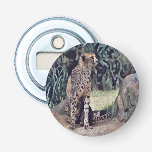 Jaguar in de bosolieverf, bottenopener button flesopener (Voorkant)