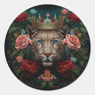 Jaguar met Kroon in Bloemen Schilderij Ronde Sticker