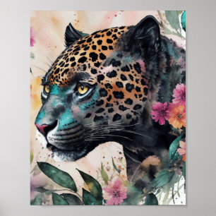Jaguar Watercolor Bloemenschildering Poster