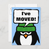 J'ai déménagé carte postale avec un pingouin migno (Devant / Derrière)