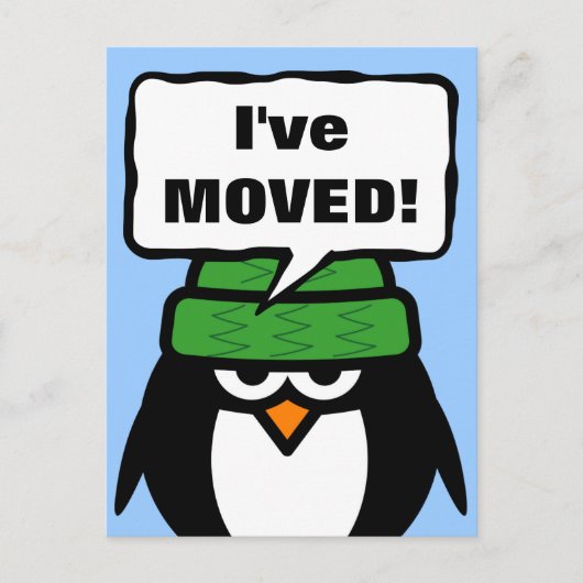 J'ai déménagé carte postale avec un pingouin migno (Devant)