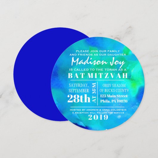 J'AI L'AQUA WATERCOLOR Invitation Bat mitzvah Rond (Devant / Derrière)