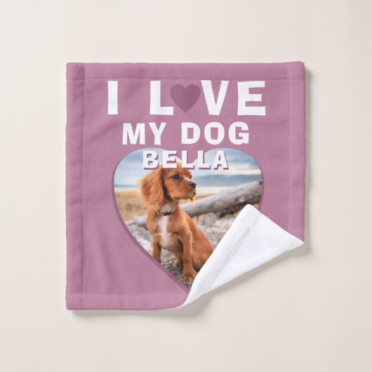J'aime mon chien Coeur rose Nom de l'animal de com (Gant de toilette)