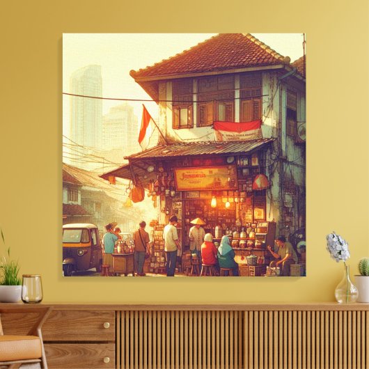 Jakarta Street Coffee Shop Canvas Afdruk (Insitu (Woonkamer))