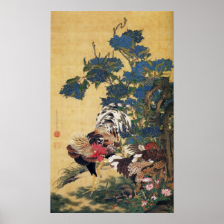 Jakuchu, coq et Hen avec des affiches d'Hydrangeas