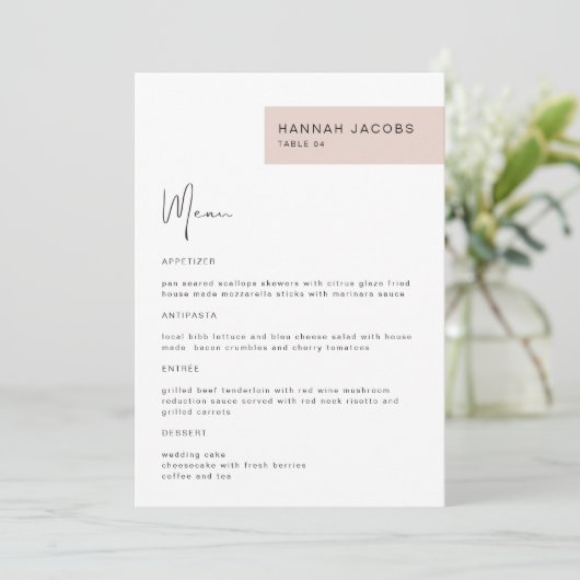 JALAINE Modern Blush Invité Nom Dîner Menu (Debout devant)