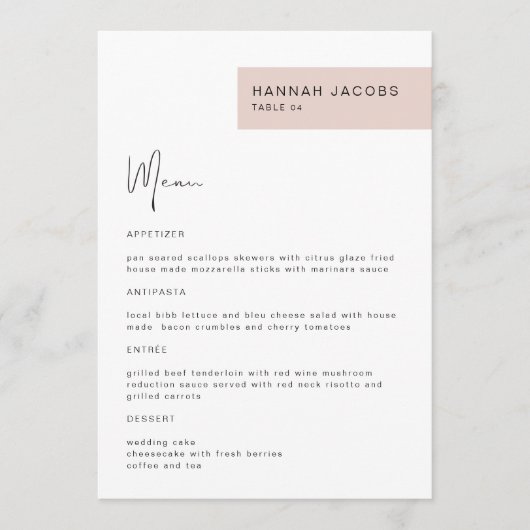 JALAINE Modern Blush Invité Nom Dîner Menu (Devant)