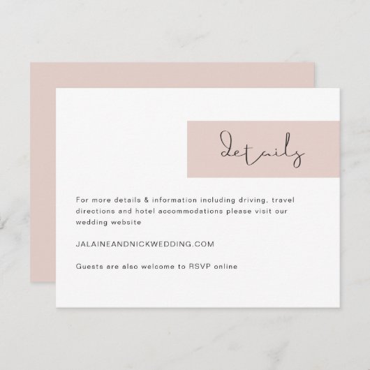 JALAINE Modern Blush Pink Mariage Détails Carte (Devant / Derrière)