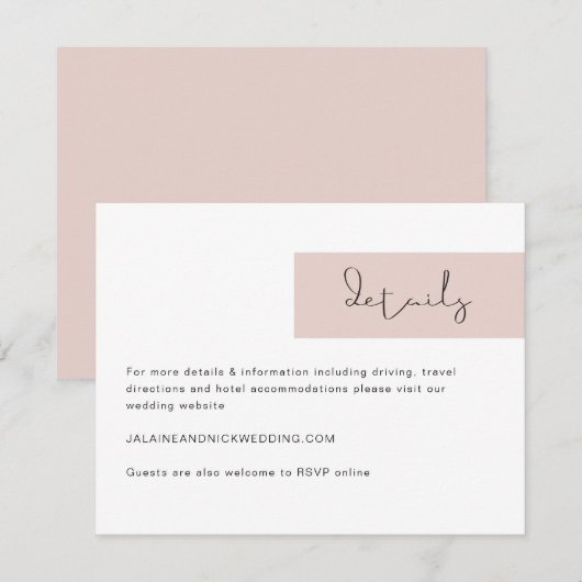 JALAINE Modern Blush Pink Wedding Details Kaart (Voorkant / Achterkant)