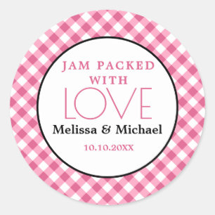 Jam verpakt met Love Pink Gingham Wedding Favor Ronde Sticker