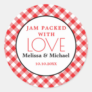 Jam verpakt met Love Red Gingham Wedding Favor Ronde Sticker