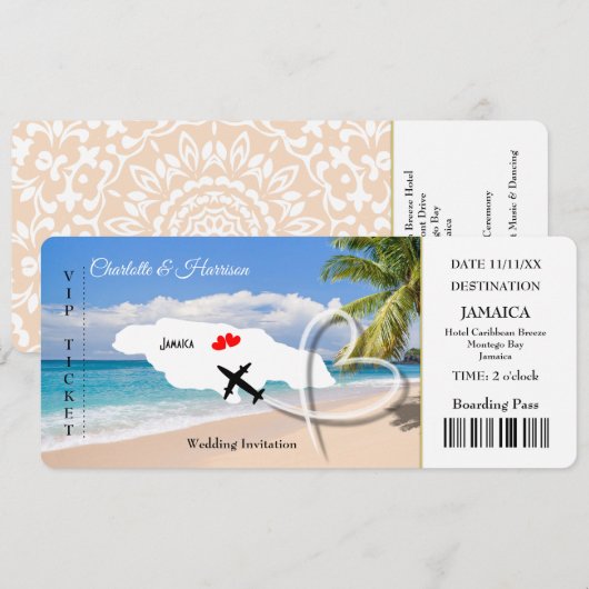 Jamaica Destination Wedding Ticket Pass Kaart (Voorkant / Achterkant)