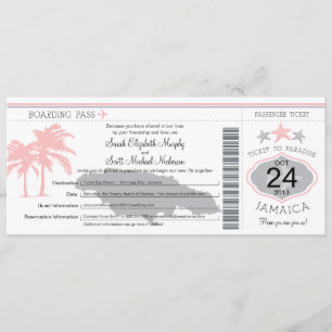 Jamaica Pink Grey Boarding Pass Wedding Kaart