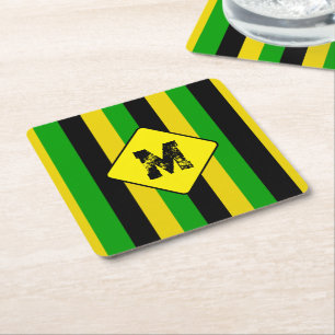 Jamaicaanse vlag gekleurde gestreepte monogram bar vierkante kartonnen onderzetter