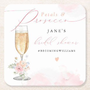 JANE Blush Bloemenblaadjes & Prosecco Bruidsuitnod Vierkante Kartonnen Onderzetter