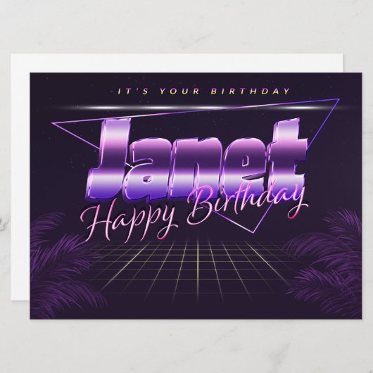 Janet Nom Prénom lila retro Carte Anniversaire (Devant / Derrière)