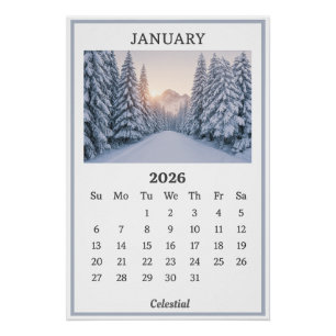 Januari 2026 Snowy Mountain Kalender Pagina Perfect Poster