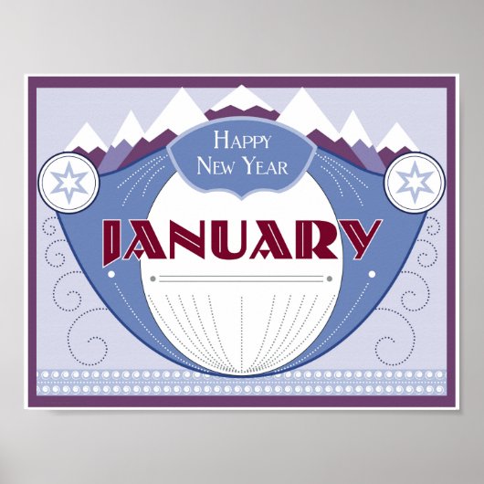 Januari Art Deco Winter Scene met Snowy Mountains Poster (Voorkant)