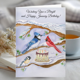 Januari-verjaardag met achtertuinvogels en cake kaart