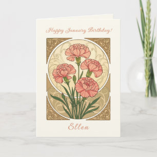 Januari Verjaardag Roze Anjer Bloemen Art Nouveau Kaart