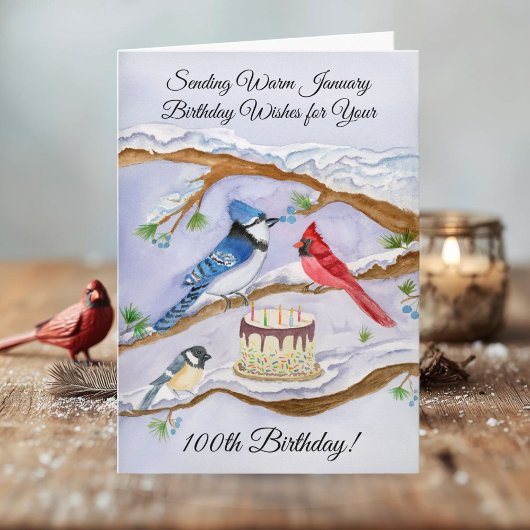 January 100th Birthday Backyard Birds Watercolor Kaart