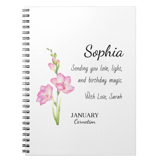 January Carnation Personalized Birthday Notitieboek (Voorkant)