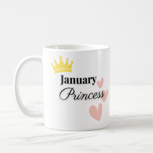 January Princess Mug – Gold Crown & Hearts Design (Gauche)