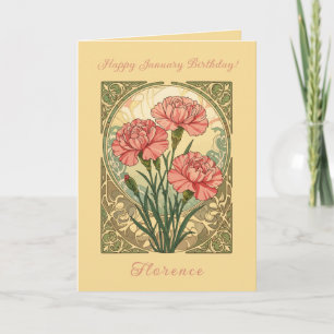 January Verjaardag Roze Anjers Art Nouveau Stijl Kaart