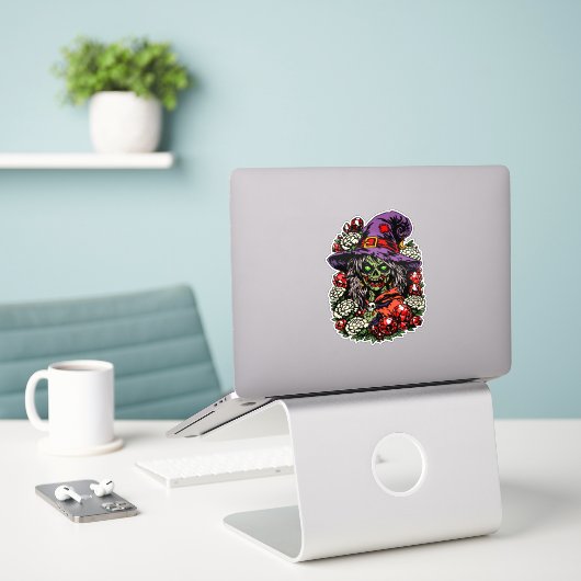 January Zombie Witch with Gems and Flowers Sticker (Laptop op bureau)