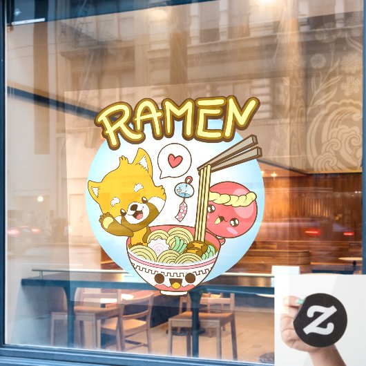 Japan Cute Red Panda Octopus Eat Ramen Restaurant Raamsticker (Cafe Raam)