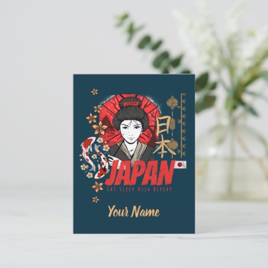 Japan Geisha met vlag Koi en Lotus Souve Feestdagenkaart (Staand voorkant)