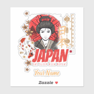 Japan  Geisha met vlag Koi en Lotus Souve Sticker