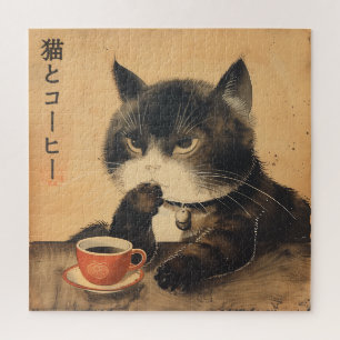  japan kunst schattige kat met een kopje koffie legpuzzel