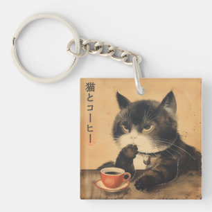  japan kunst schattige kat met een kopje koffie sleutelhanger