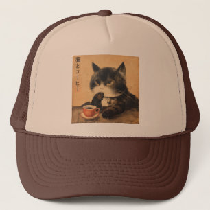 japan kunst schattige kat met een kopje koffie trucker pet