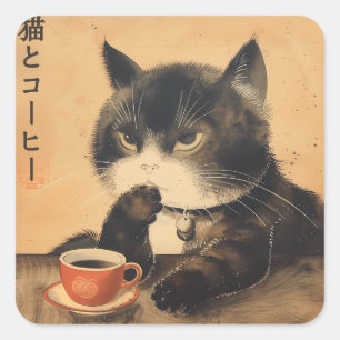 japan kunst schattige kat met een kopje koffie vierkante sticker
