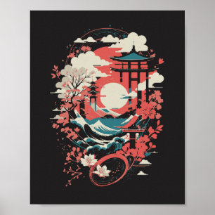 Japan Landschap Rode Zon Pagode & Golven Grafisch Poster