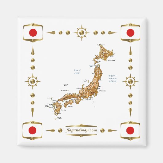 Japan Map + Vlaggen Magnet Magneet (Voorkant)