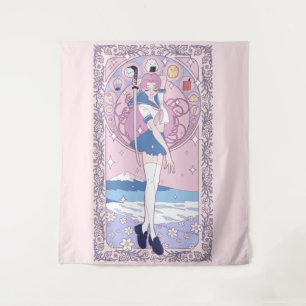 Japan Pink Anime Schoolgirl Art Nouveau Wandkleed