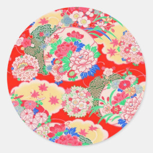 Japan, Sakura, Kimono, Origami, Chiyogami, Bloem, Ronde Sticker